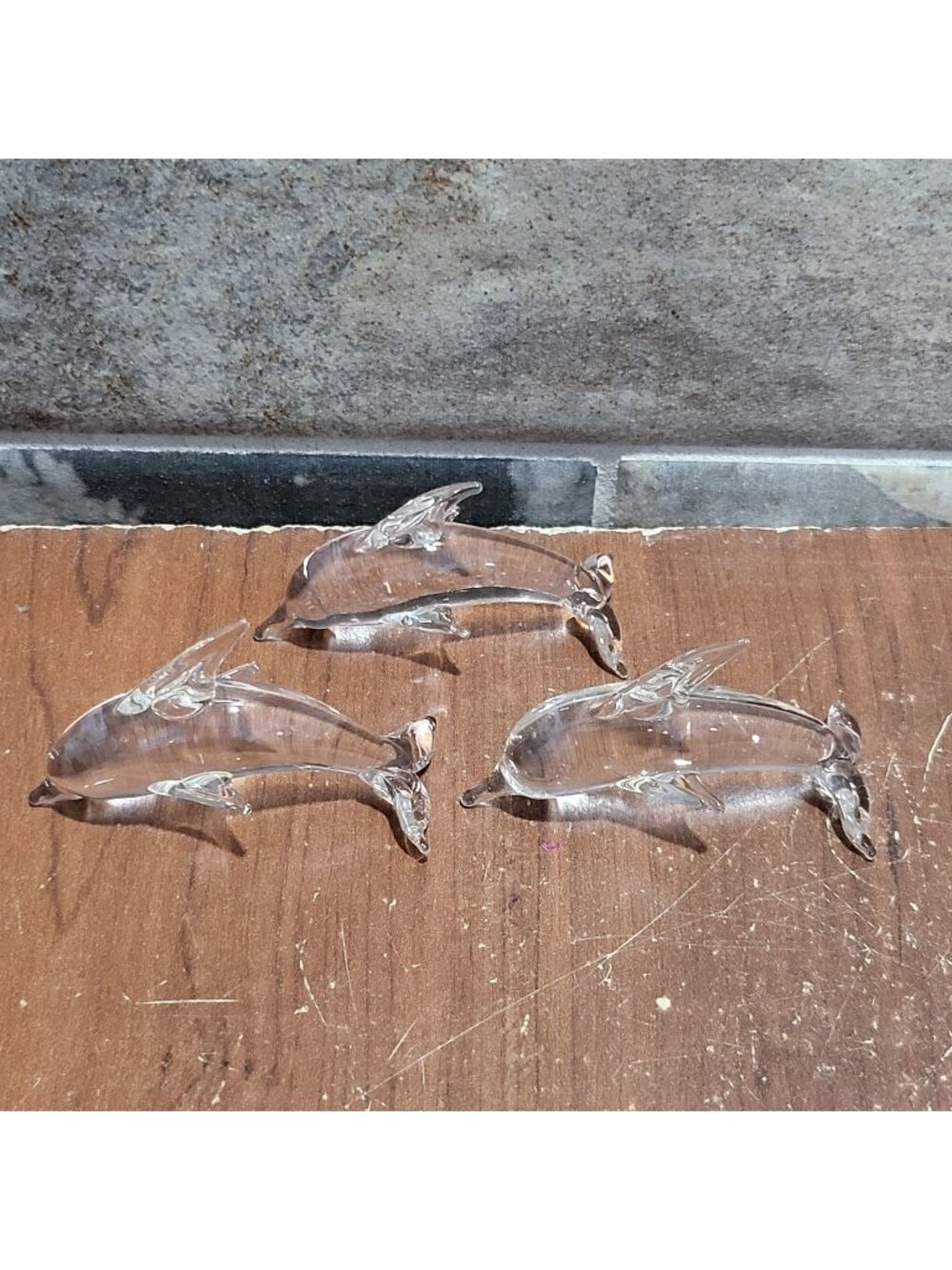 Vintage Art Glass Dolphin Figurine Clear Curved Body Pointed Fins Set of 3